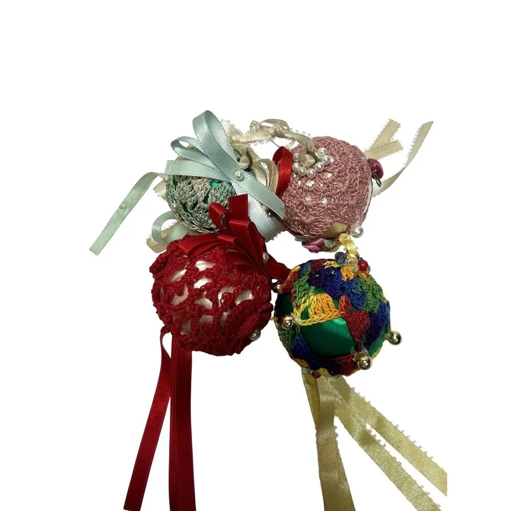 Set Of 4 Handmade Crochet Push Pin Ornaments With Ribbon Tassels  Beaded Accents